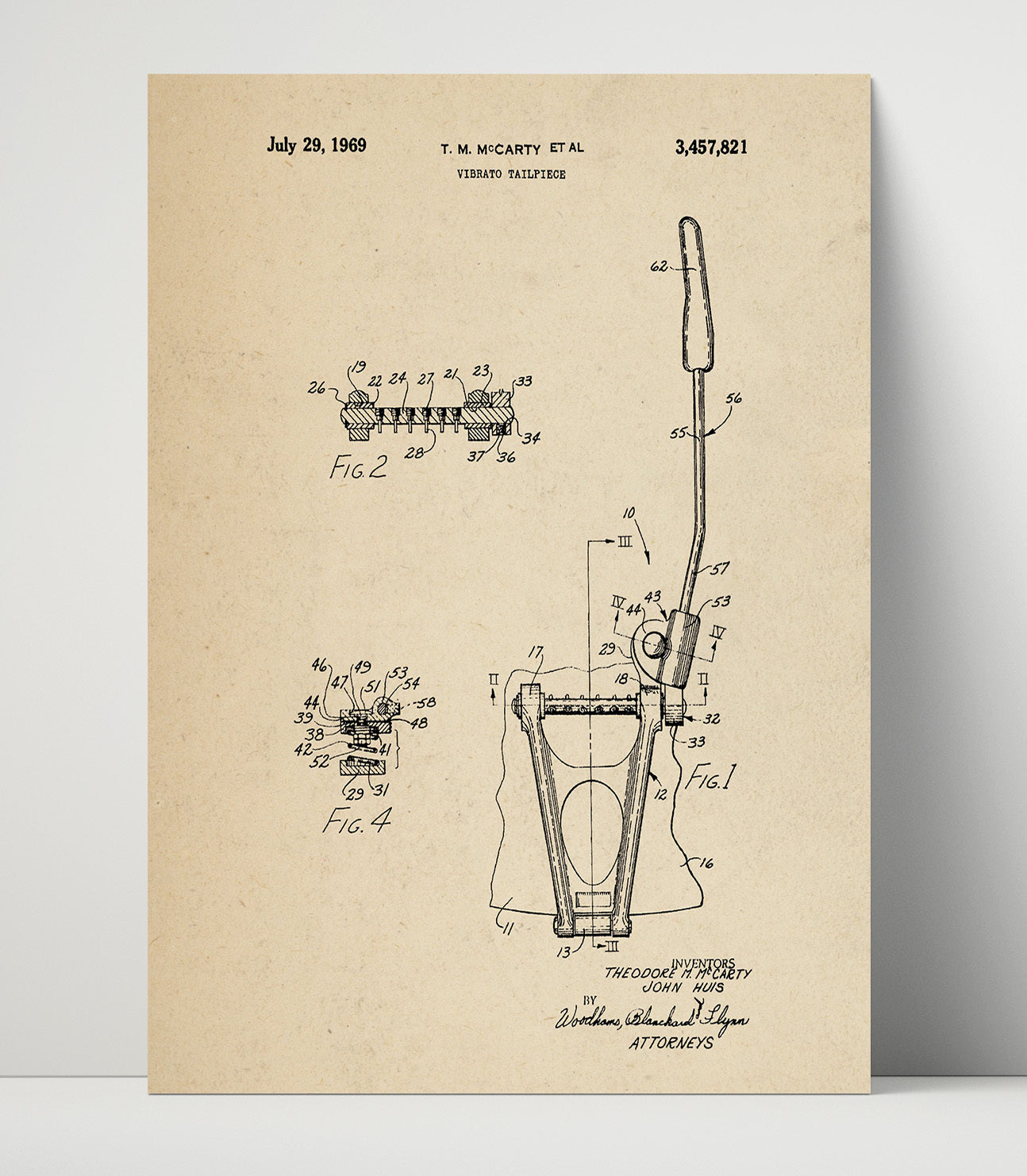 Patent Print - Vibrato Tailpiece - Theodore M. Mccarty And John Huis - 1969 - Patent 3457821 Patent Wall Art