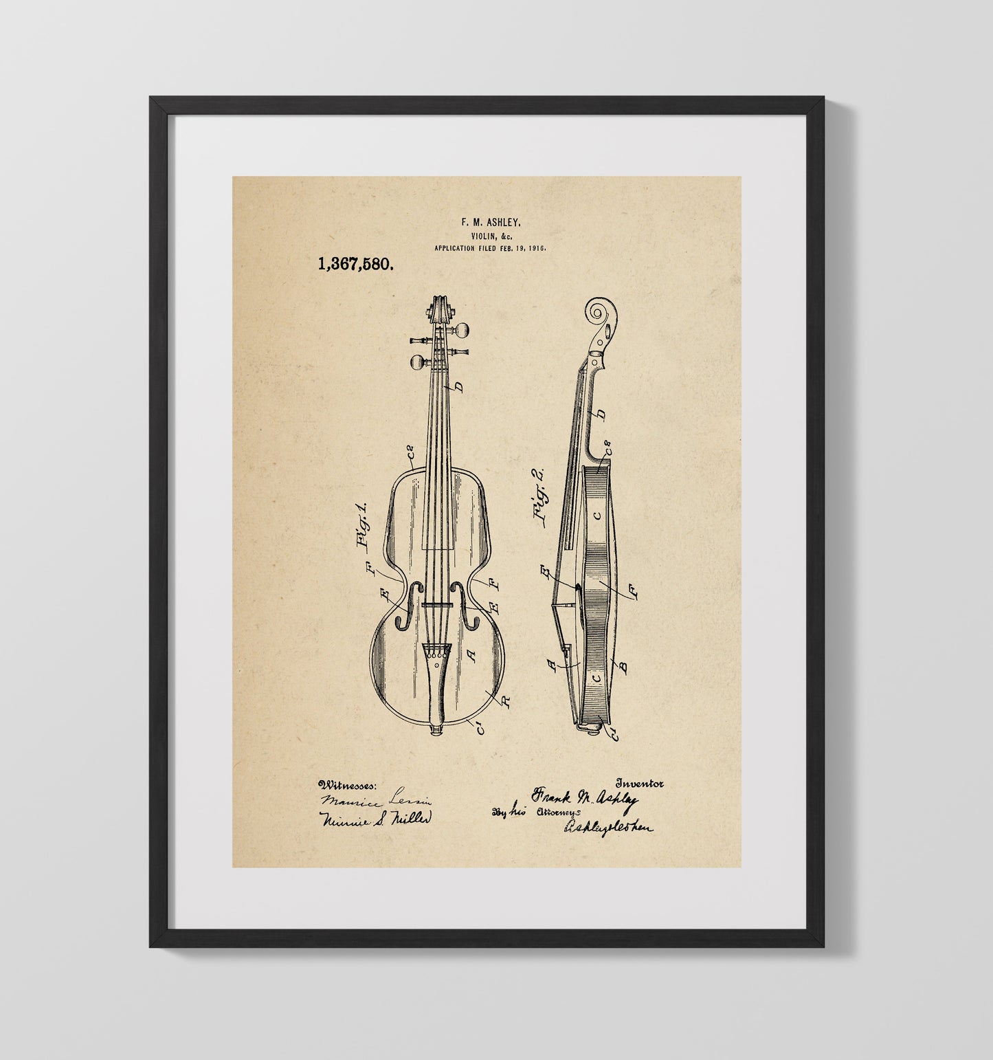 Violin 1921 patent print wall art 16x20 Gallery Frame