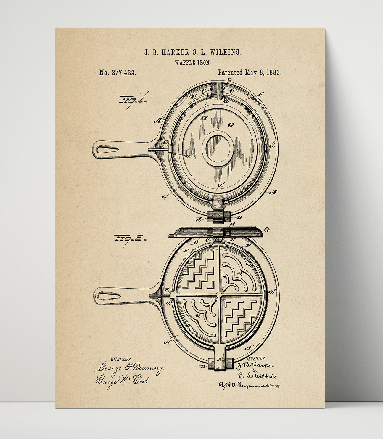Patent Print - Waffle Iron - J.B. Harker And C.L. Wilkins - 1883 - Patent 277422 Patent Wall Art
