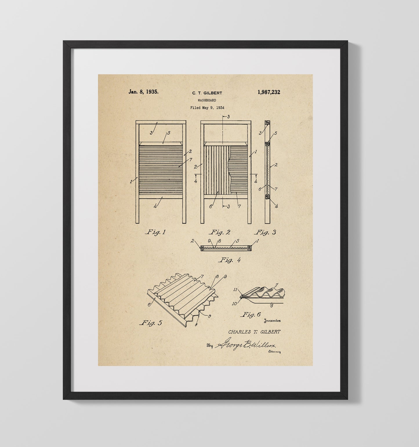 Washboard 1935 patent print wall art 16x20 Gallery Frame