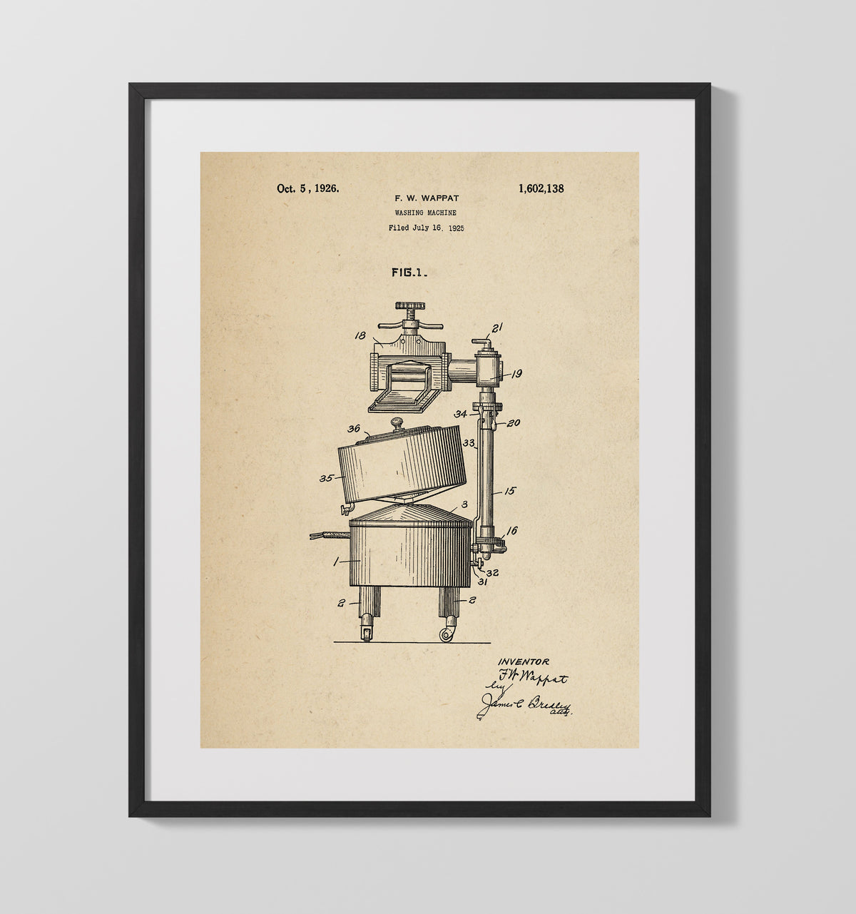 Washing Machine 1926 patent print wall art 16x20 Gallery Frame