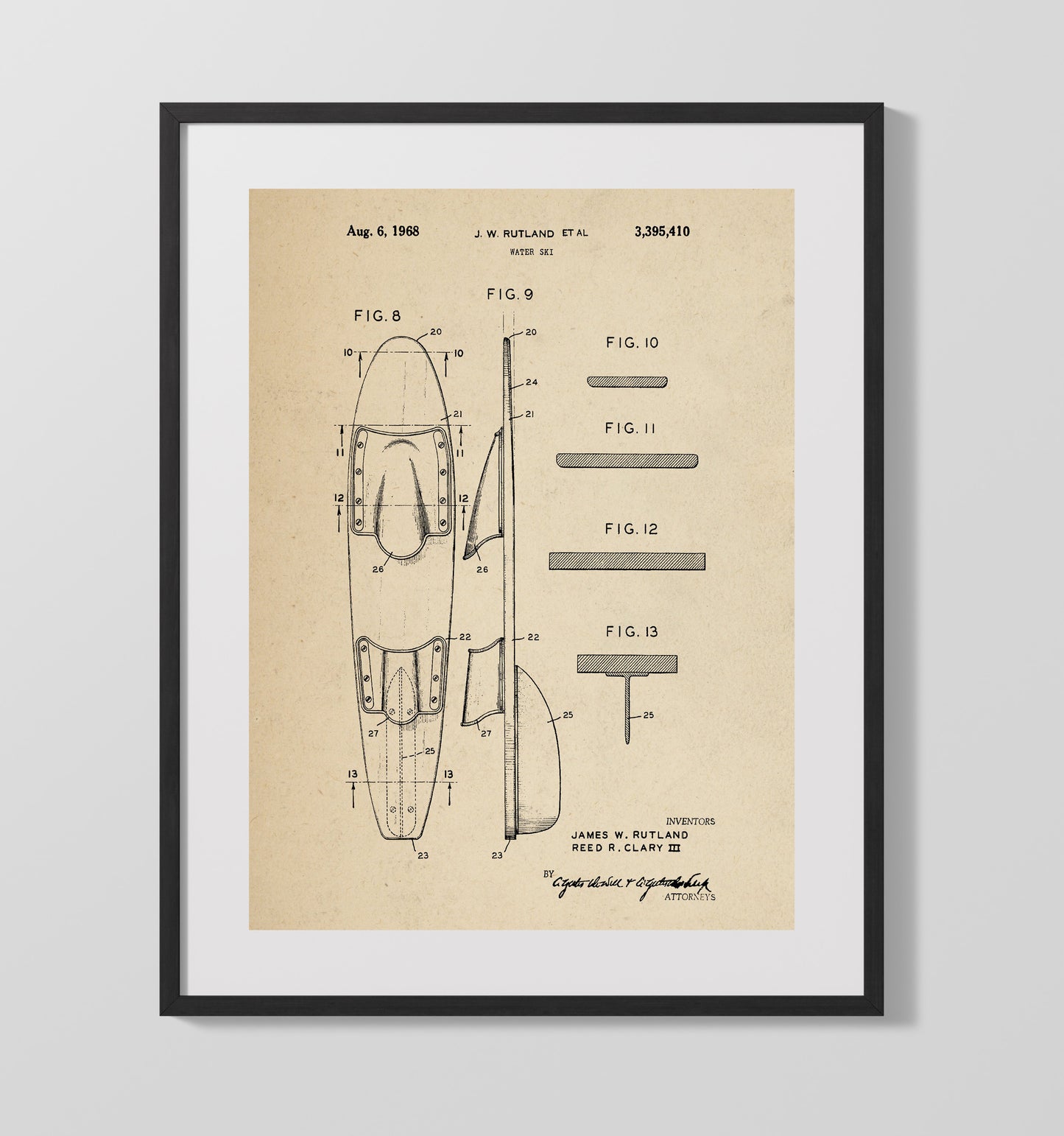 Water Ski 1968 patent print wall art 16x20 Gallery Frame