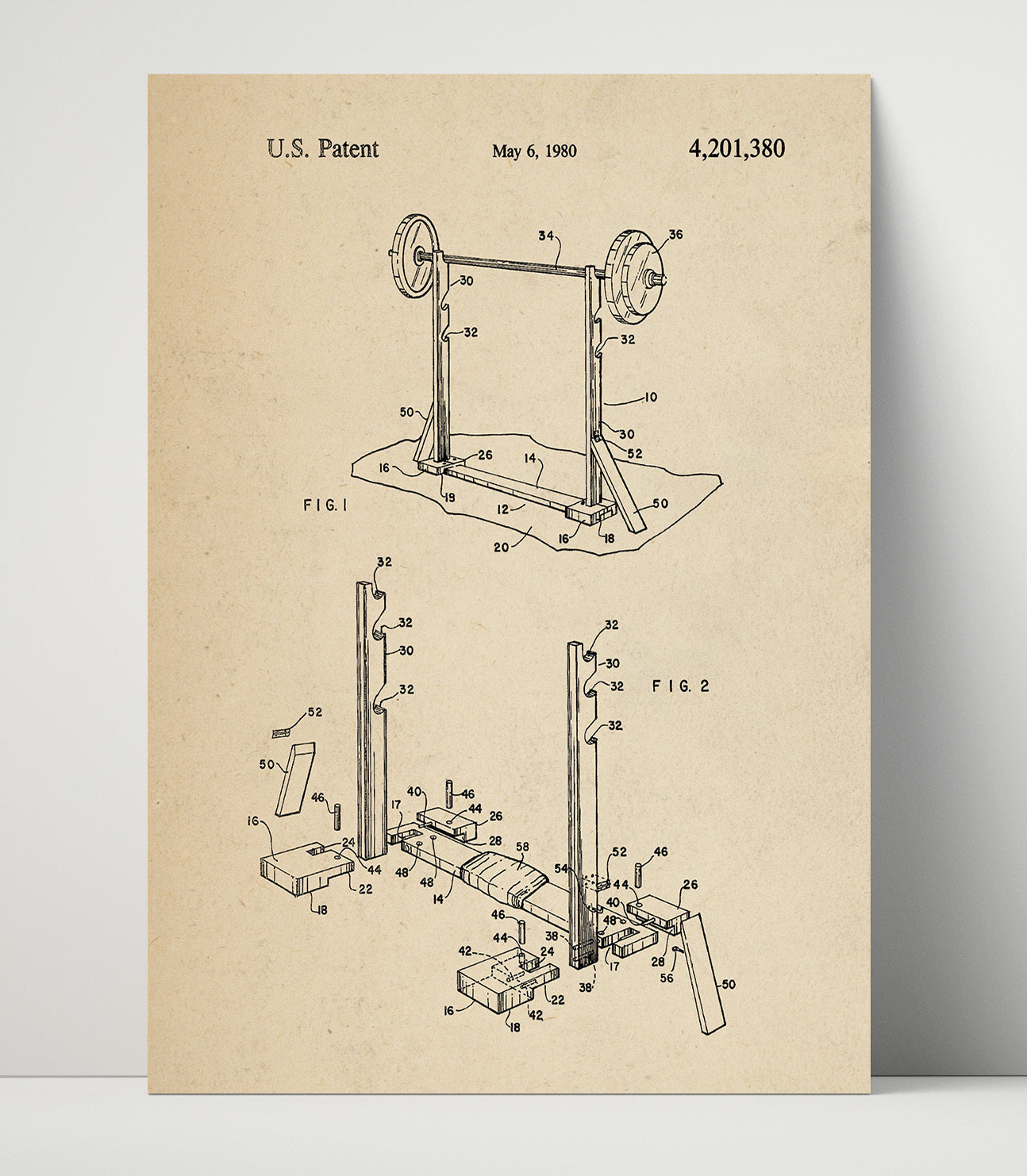 Patent Print - Weightlifting Rack - Unknown Inventor - 1980 - Patent 4201380 Patent Wall Art