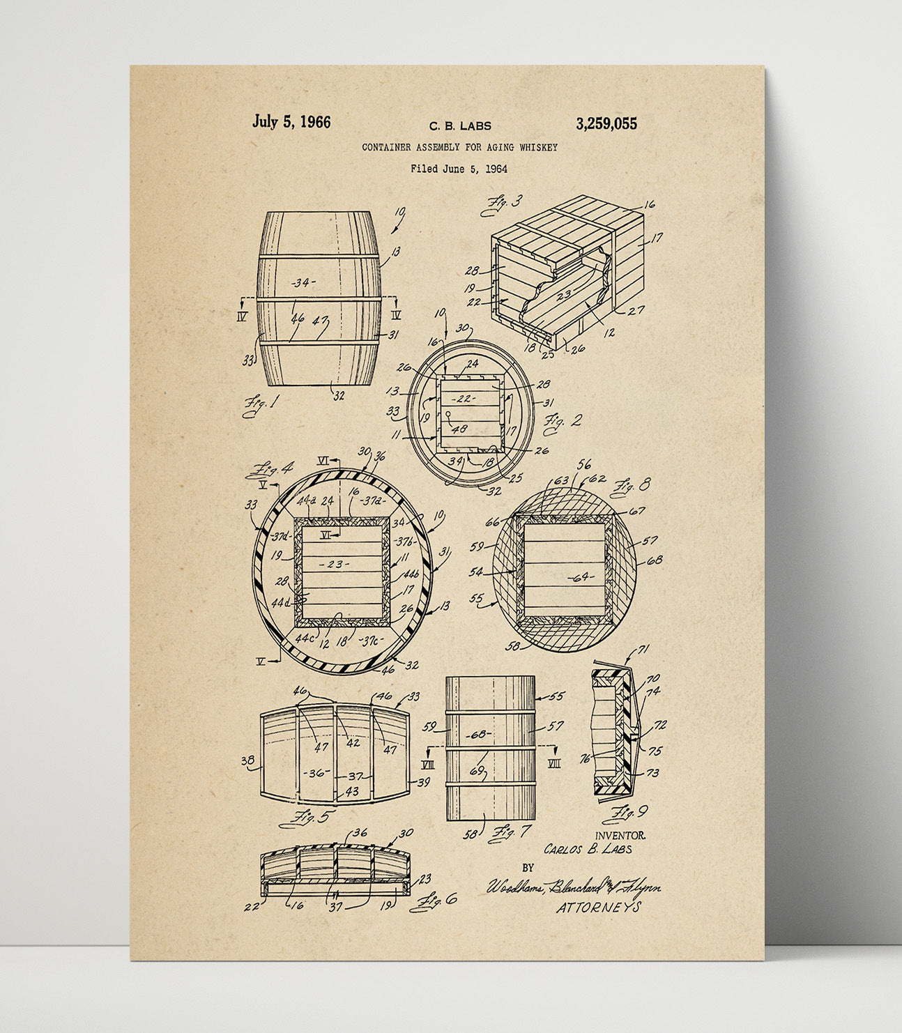 Patent Print - Whiskey Aging Container Assembly - C.B. Labs - 1966 - Patent 3259055 Patent Wall Art