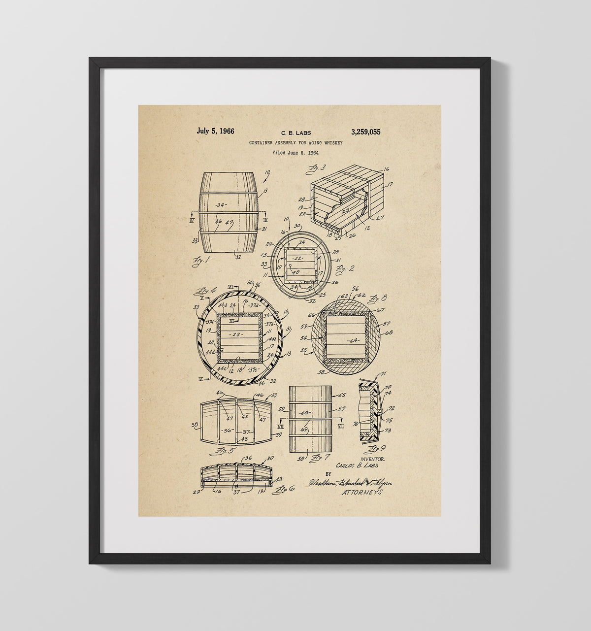Whiskey Aging Container Assembly 1966 patent print wall art 16x20 Gallery Frame