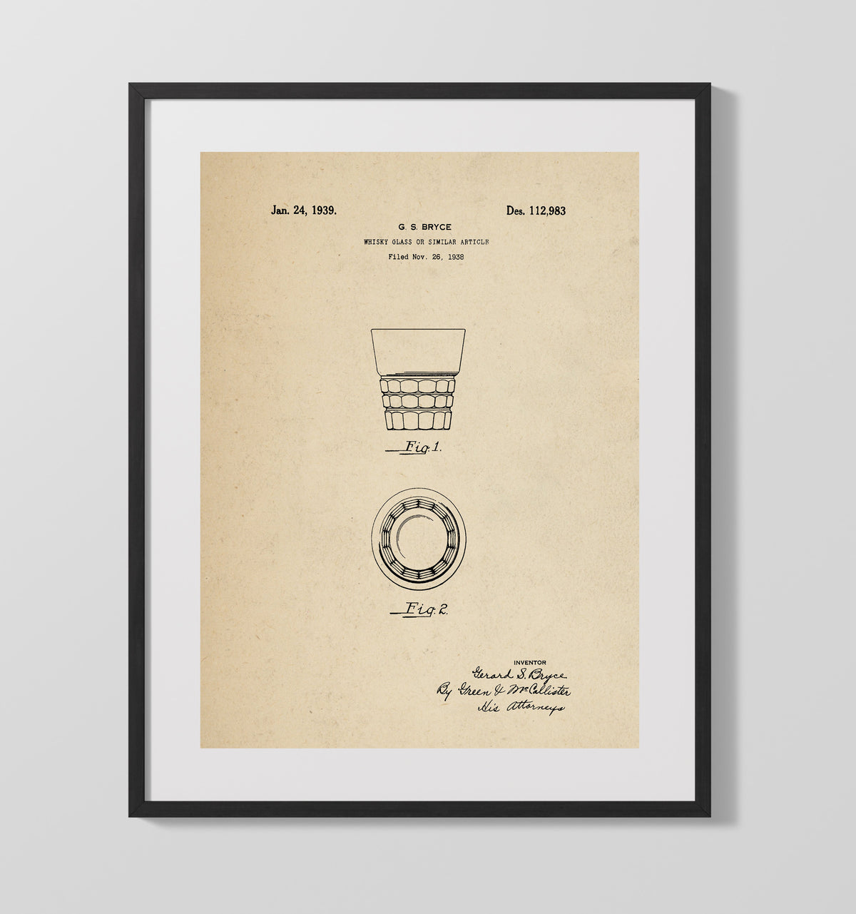 Whisky Glass Or Similar Article 1939 patent print wall art 16x20 Gallery Frame