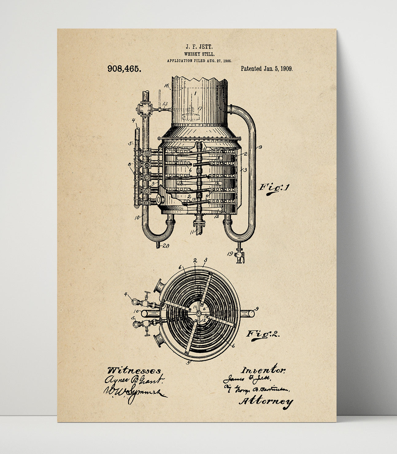 Patent Print - Whisky Still - J.F. Jett - 1909 - Patent 908465 Patent Wall Art