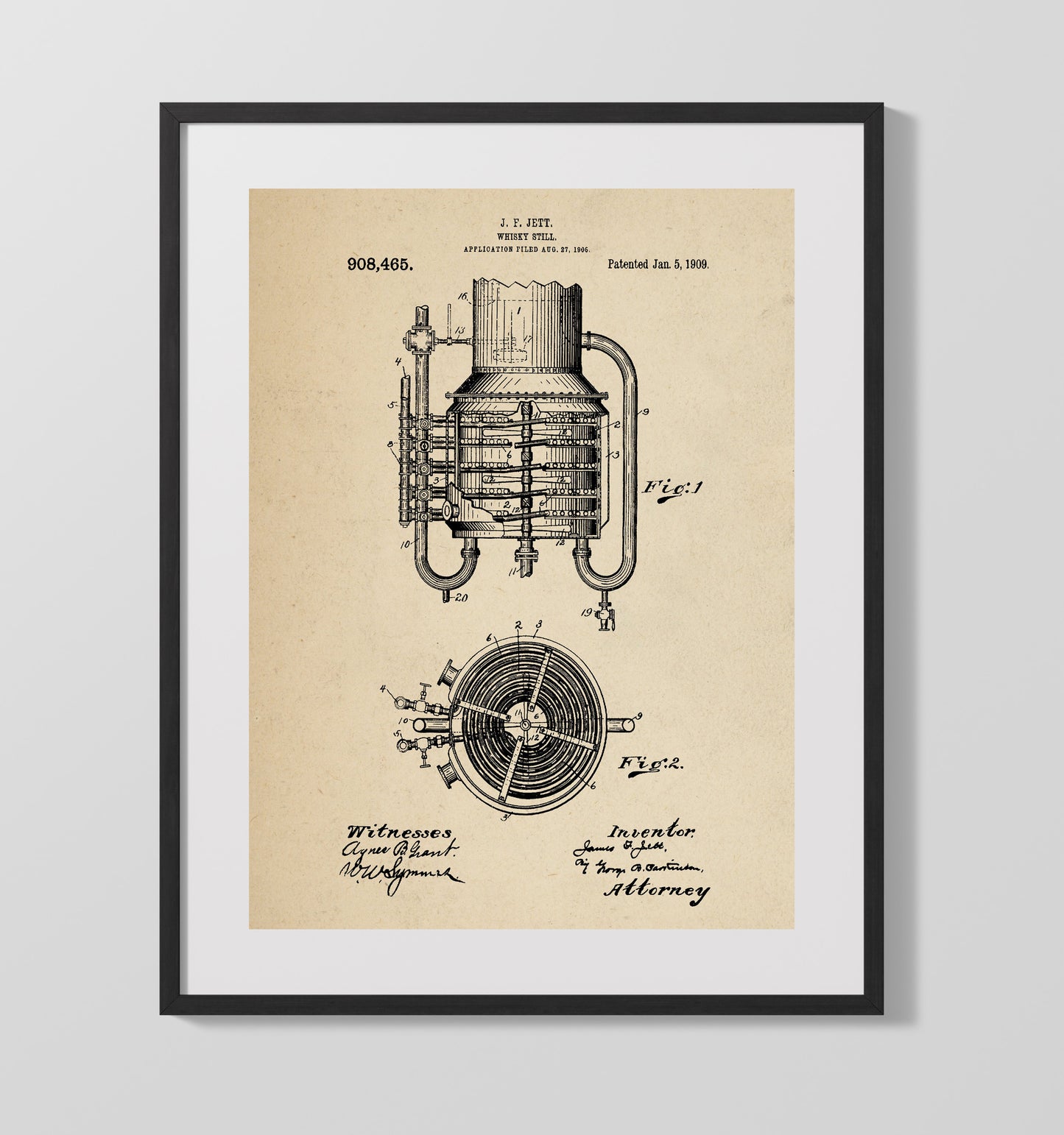 Whisky Still 1909 patent print wall art 16x20 Gallery Frame