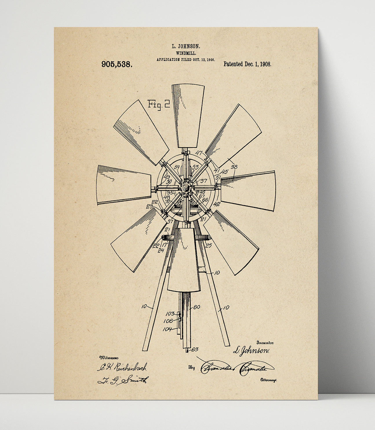 Patent Print - Windmill - L. Johnson - 1908 - Patent 905538 Patent Wall Art