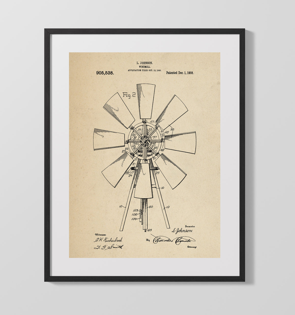 Windmill 1908 patent print wall art 16x20 Gallery Frame