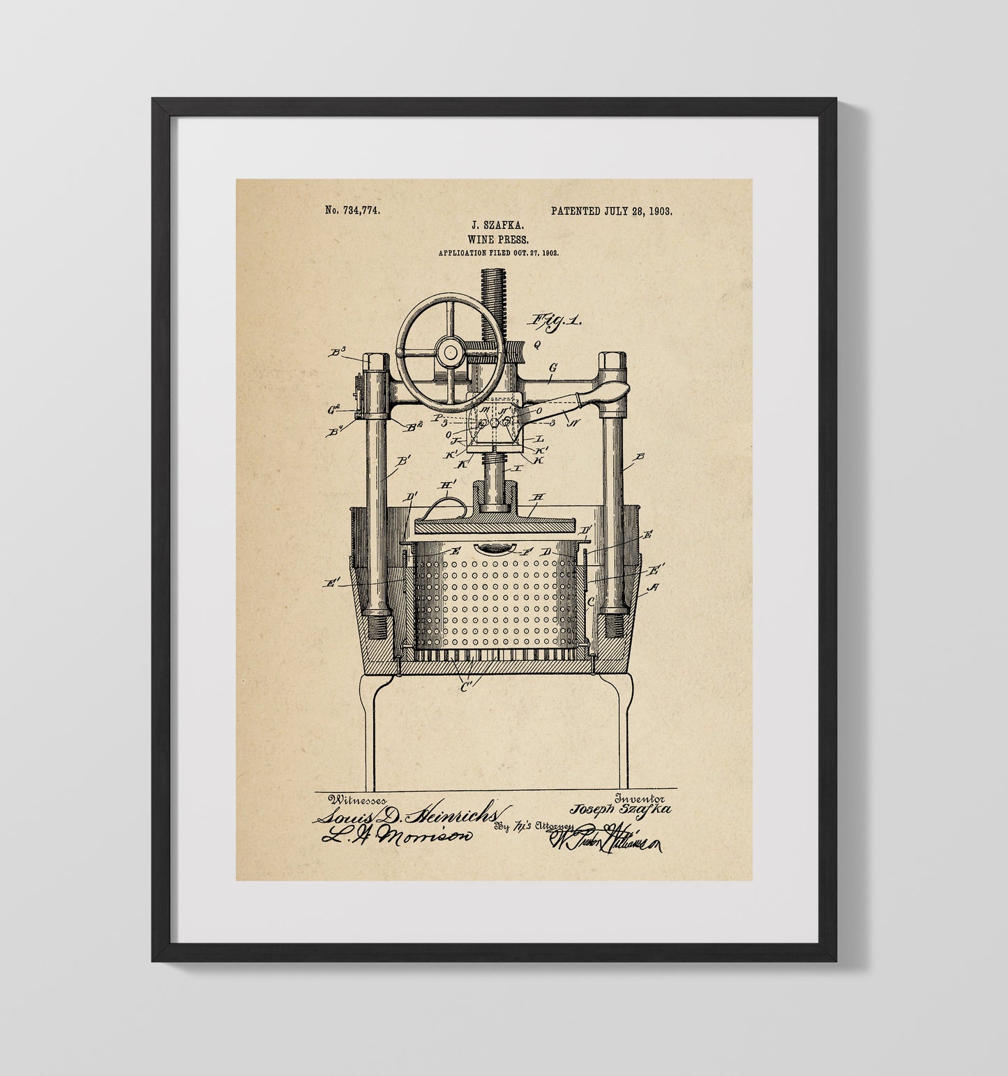 Wine Press by J. Szafka 1903 patent print wall art 16x20 Gallery Frame