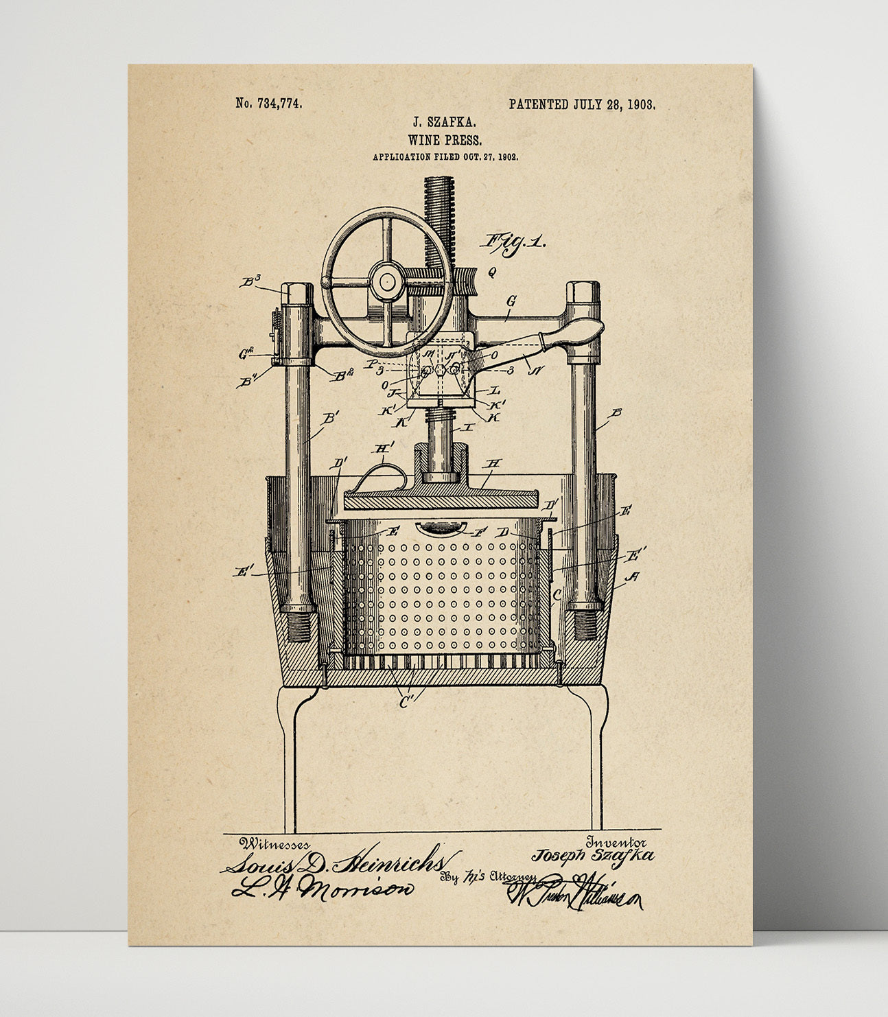 Patent Print - Wine Press - J. Szafka - 1903 - Patent 734774 Patent Wall Art