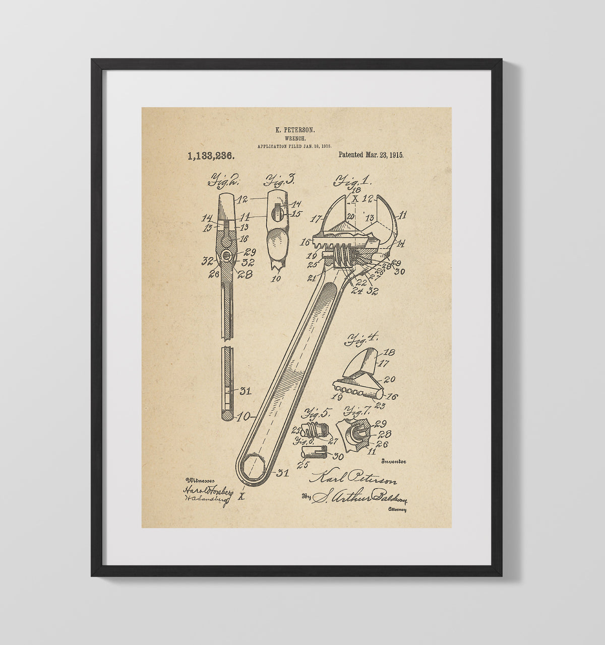 Wrench 1915 patent print wall art 16x20 Gallery Frame
