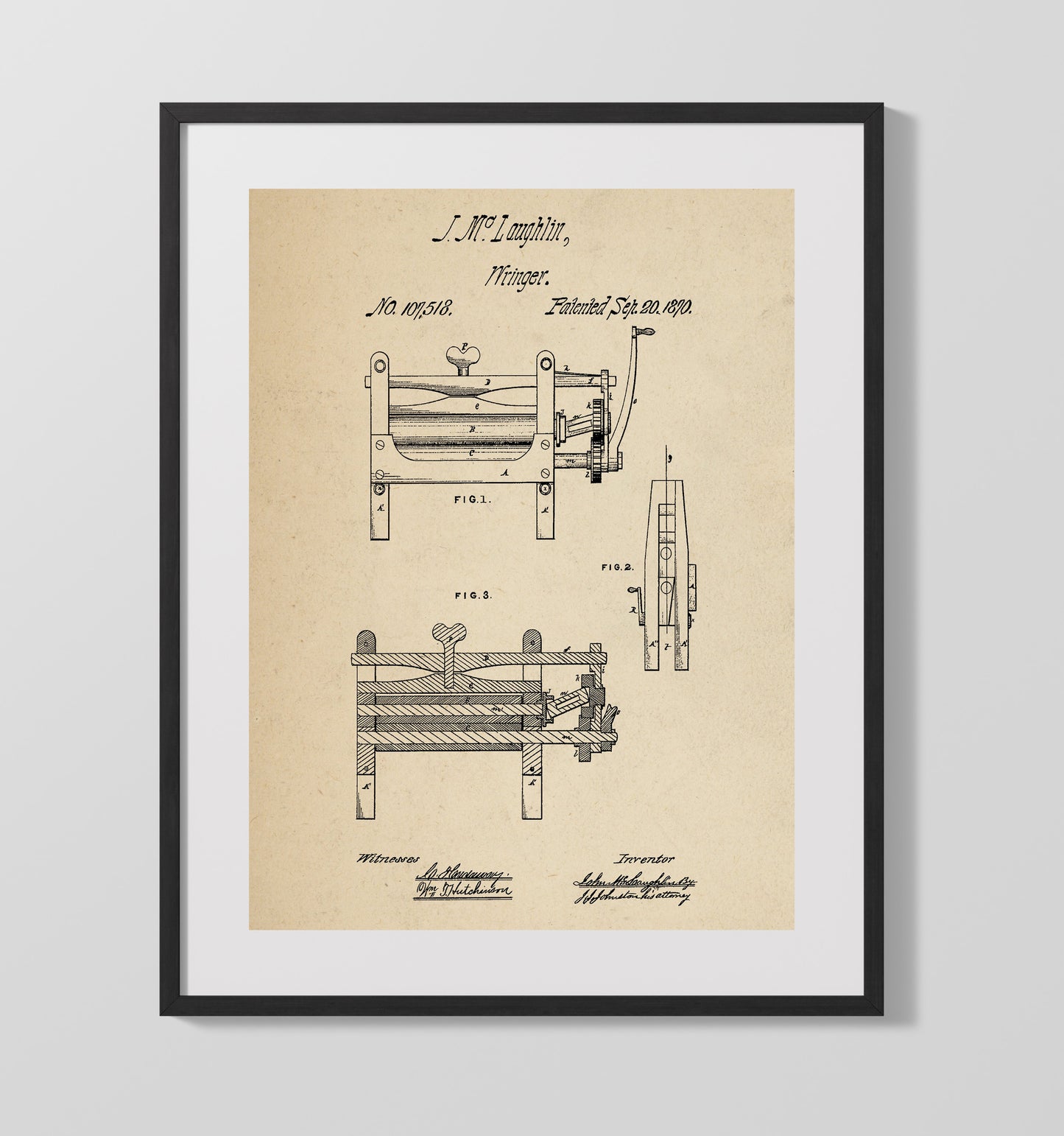 Wringer Machine 1870 patent print wall art 16x20 Gallery Frame