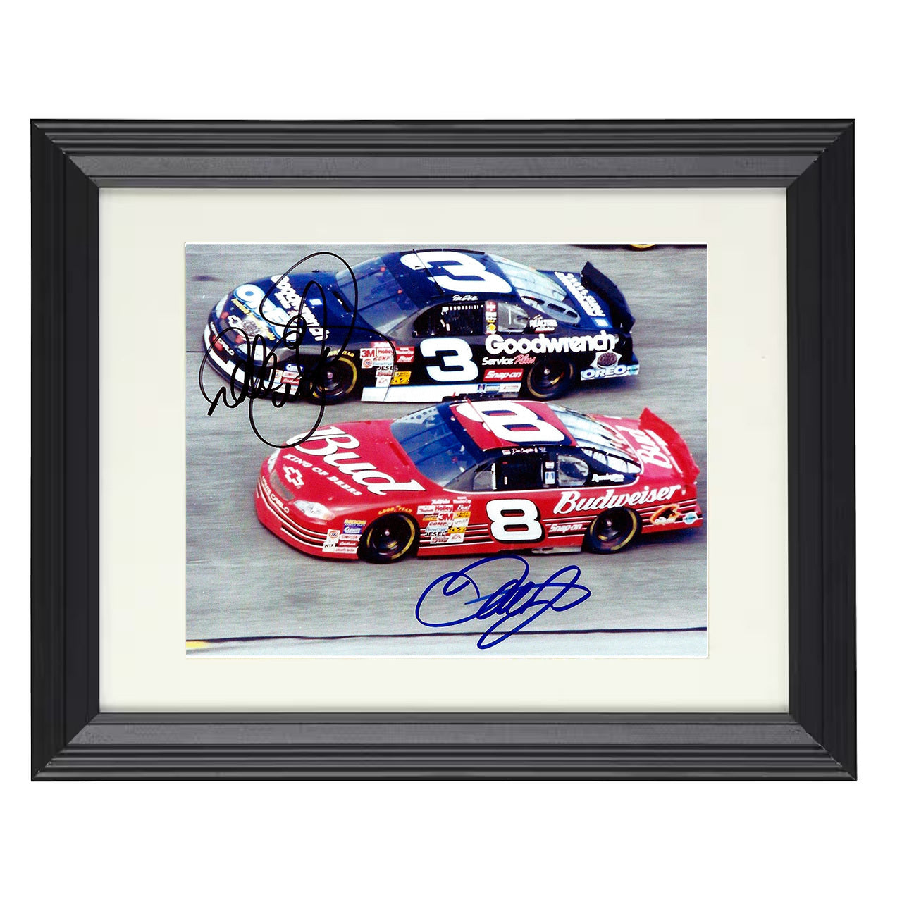 Dale Earnhardt Jr. and Sr. – Dual Cars 8x10 matted black framed racing wall art