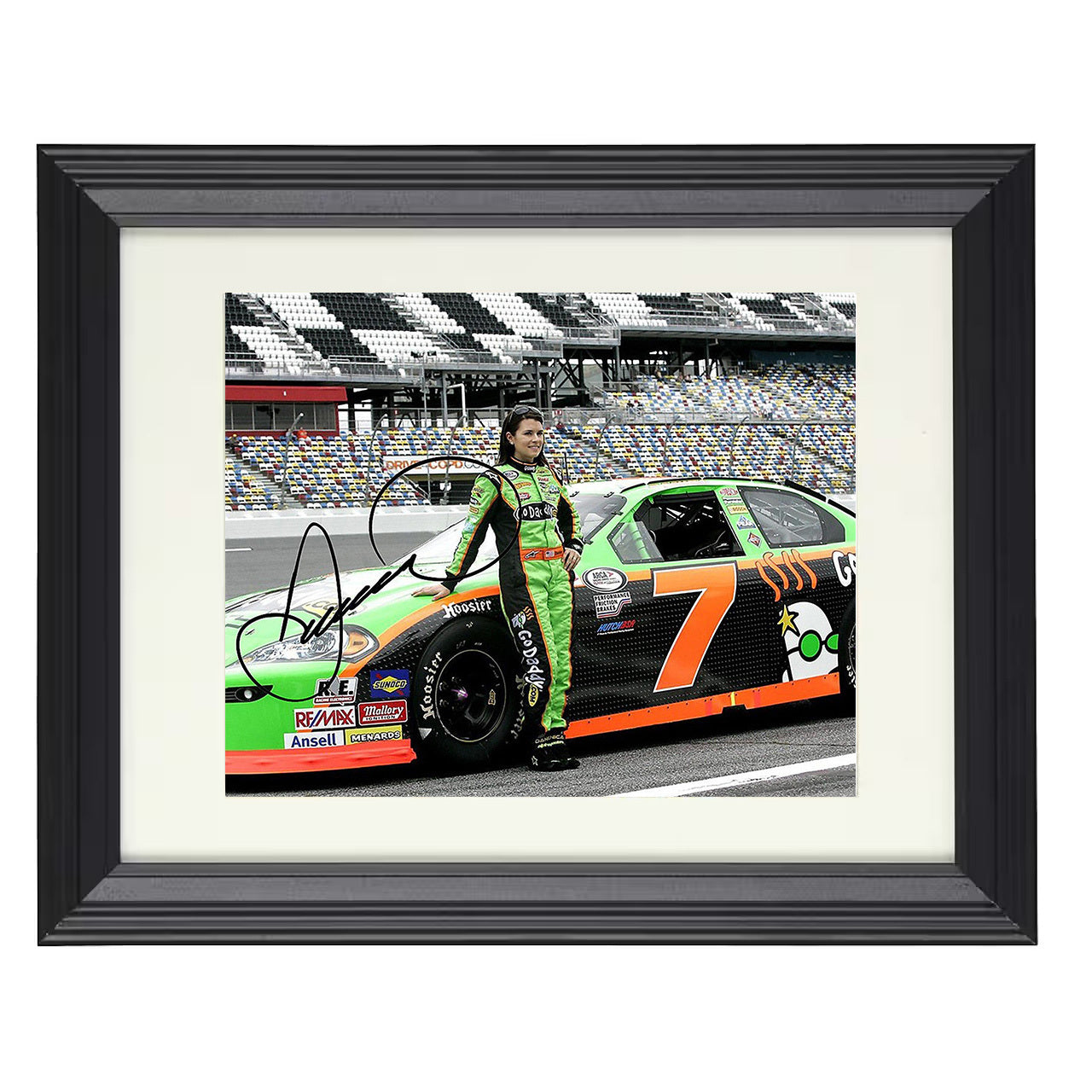 Danica Patrick – GoDaddy No. 7 Image with Car 8x10 matted black framed racing wall art