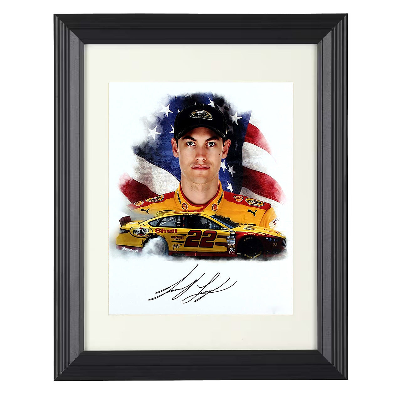 Joey Logano – Pennzoil Mustang American Flag Image 8x10 matted black framed racing wall art