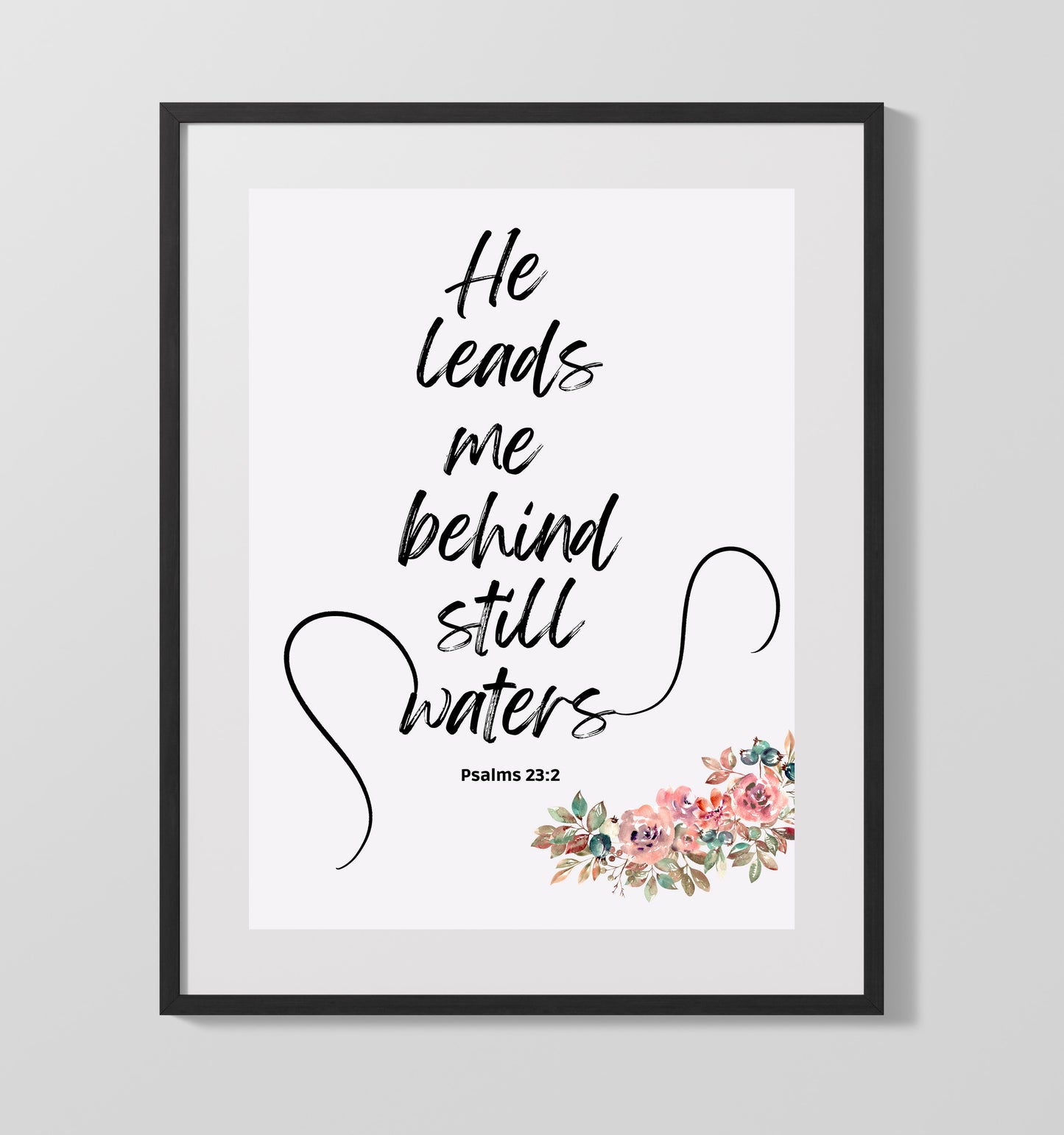 Psalm 23:2 - He Leads Me Beside Still Waters - Serene Psalm Verse - Scripture Poster - 16x20 Gallery Frame