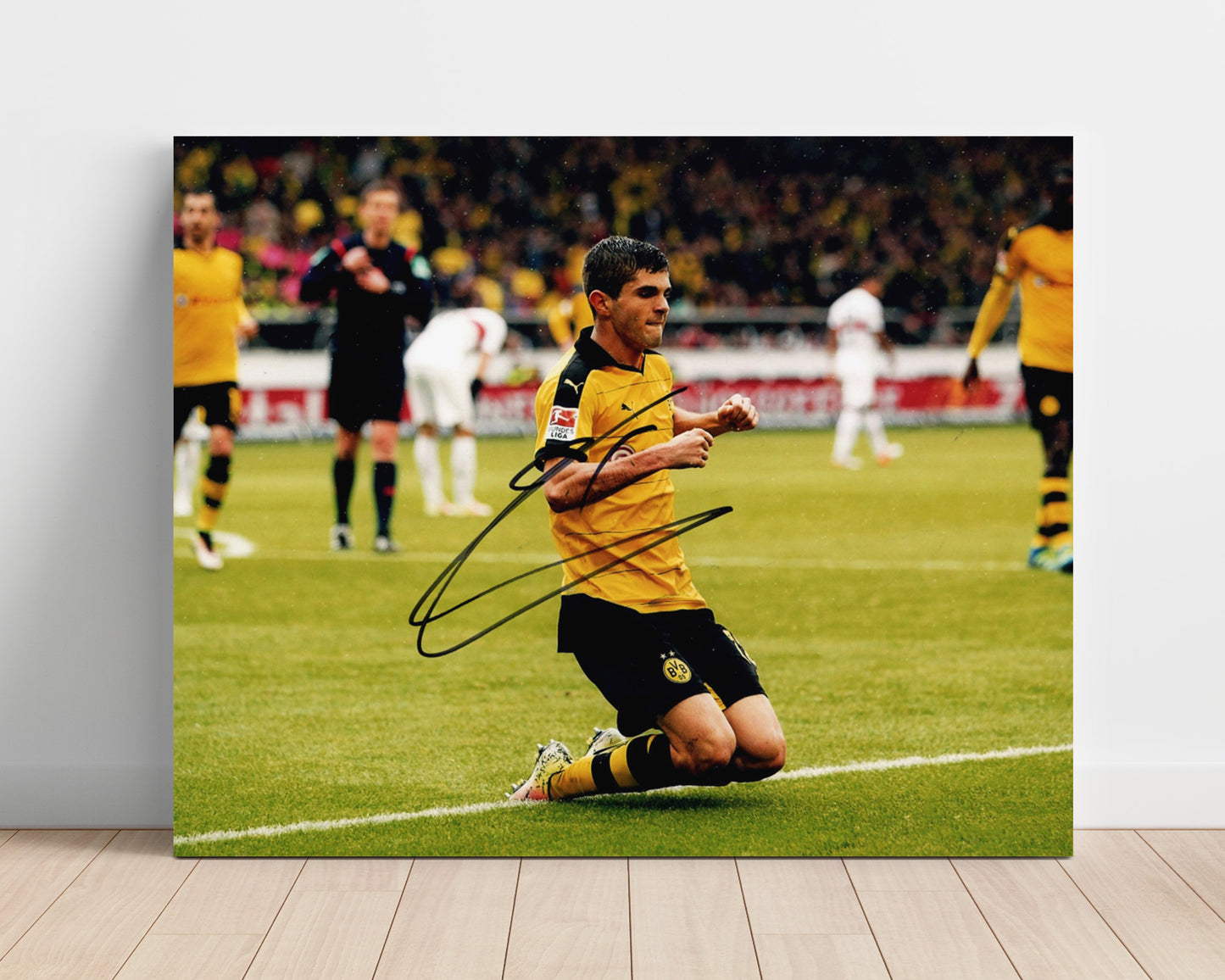 Christian Pulisic Borussia Dortmund Goal Scoring Knee Slide Celebration Soccer 16x20 Unframed Print soccer wall art print – Soccer Prints decor