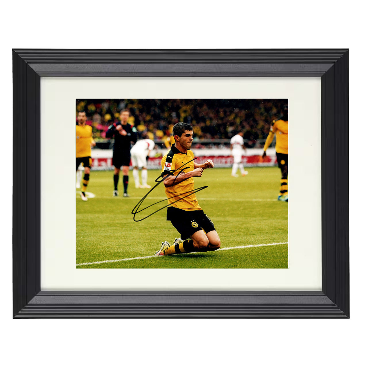 Christian Pulisic – Dortmund Goal Knee Slide Celebration 8x10 matted black framed soccer wall art