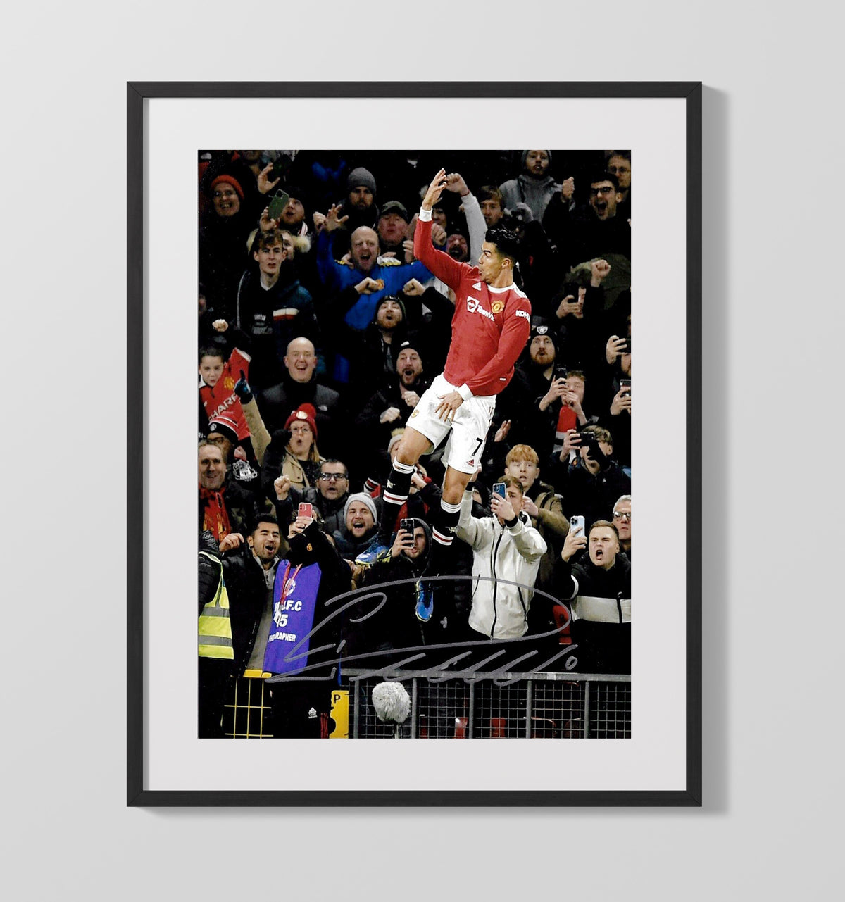 Cristiano Ronaldo Manchester United SIUUU Celebration Leap Old Trafford - Gallery Frame soccer wall art