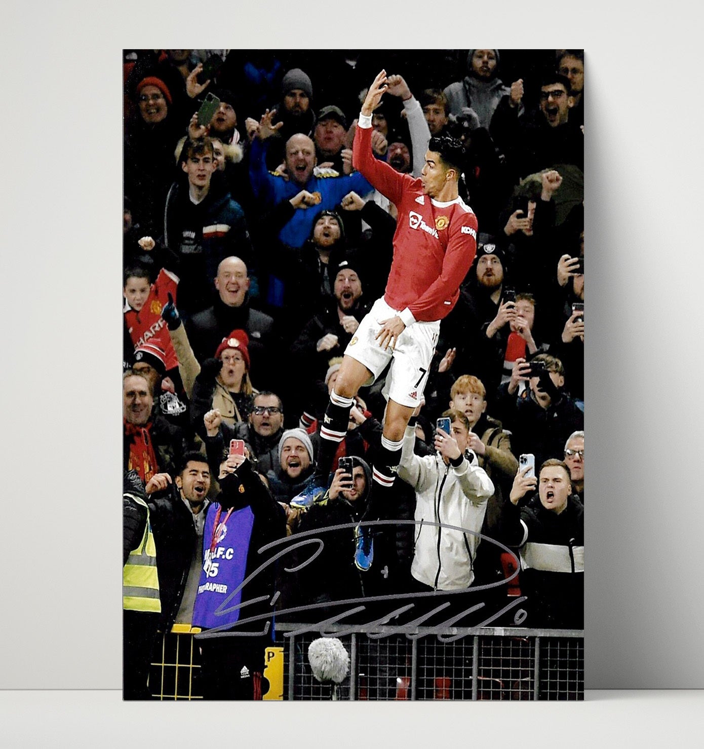 Cristiano Ronaldo Manchester United SIUUU Celebration Leap Old Trafford Soccer 16x20 Unframed Print soccer wall art print – Soccer Prints decor