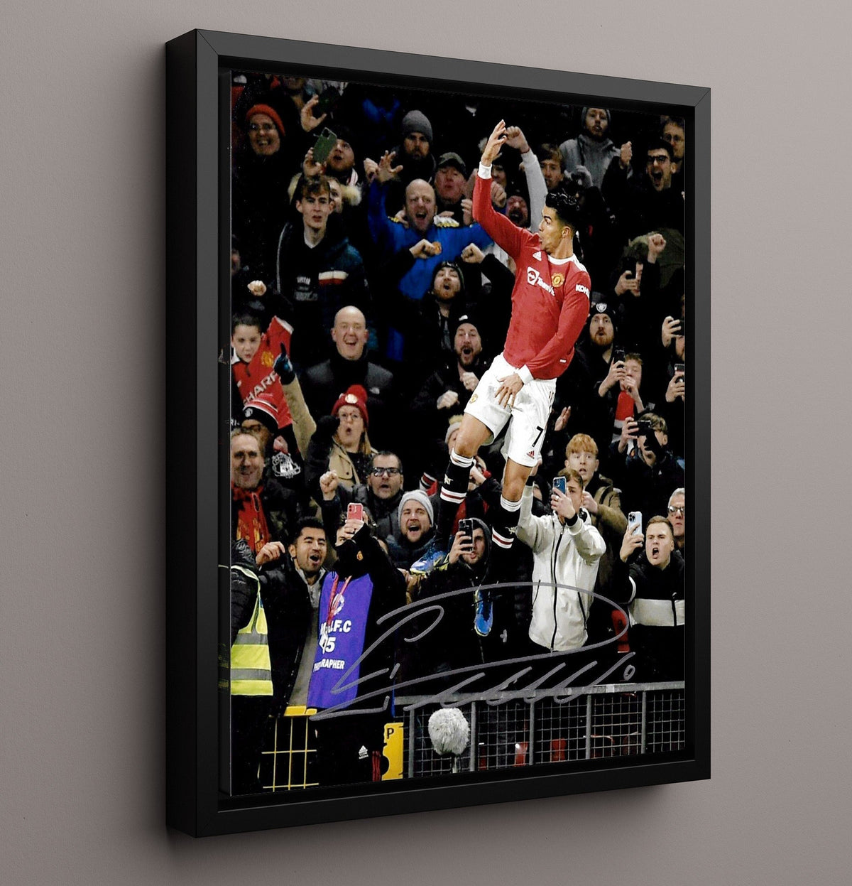 Cristiano Ronaldo Manchester United SIUUU Celebration Leap Old Trafford - Framed Canvas soccer wall art