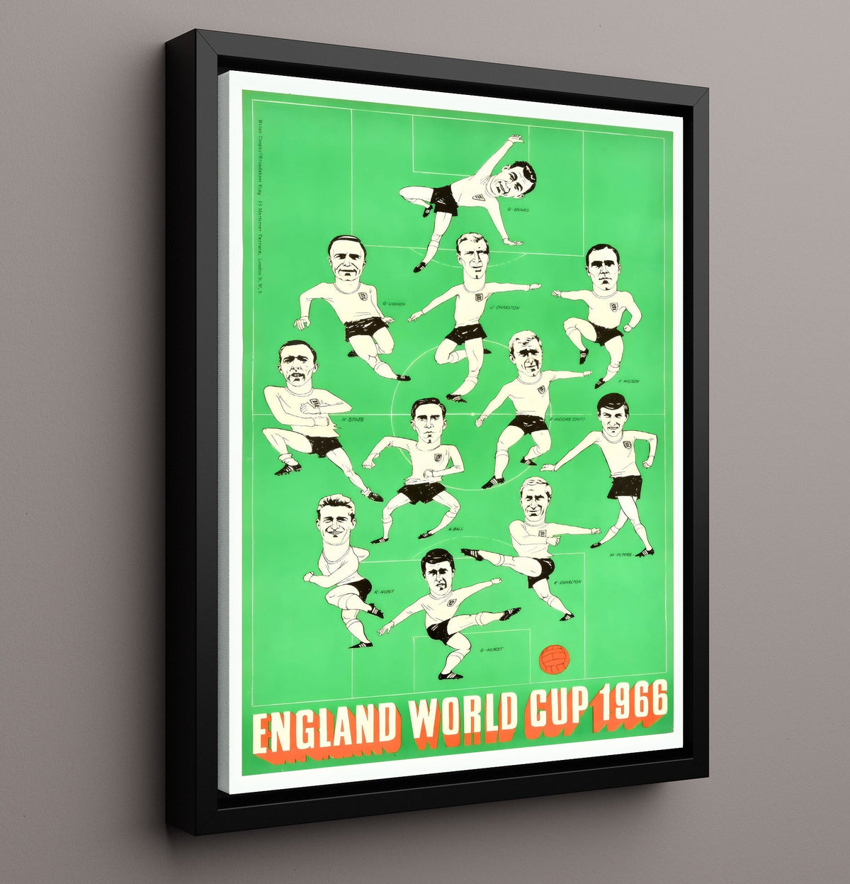 FIFA World Cup Poster England 1966 Caricature Champions Squad Illustration - Framed Canvas soccer wall art
