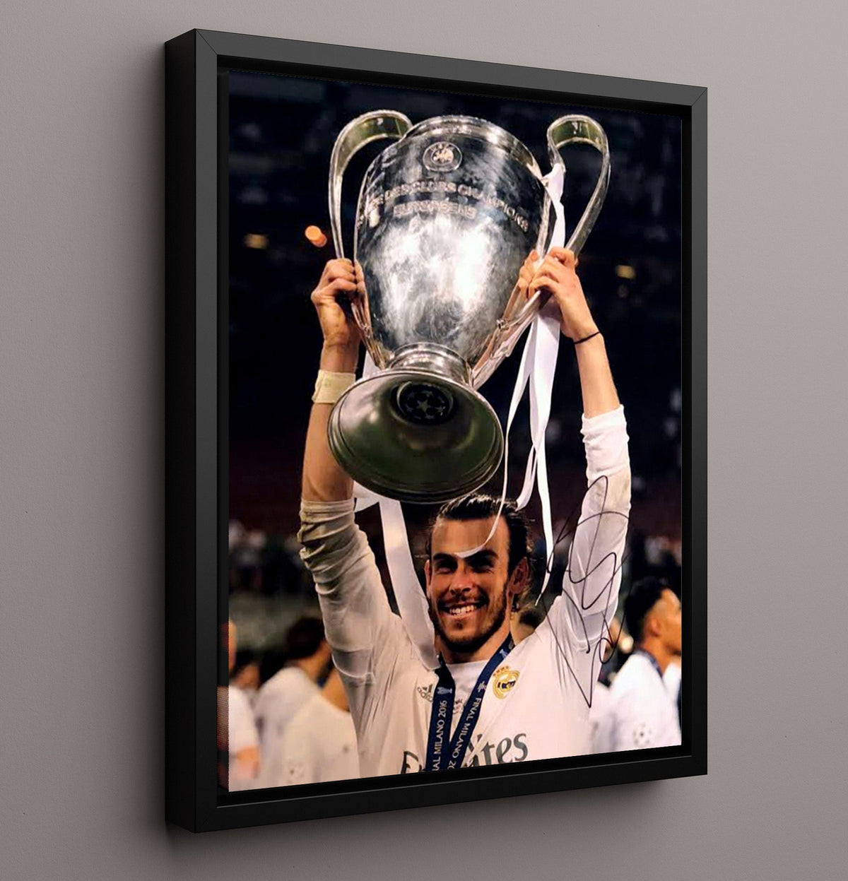Gareth Bale Real Madrid Champions League Trophy Triumph - Framed Canvas soccer wall art