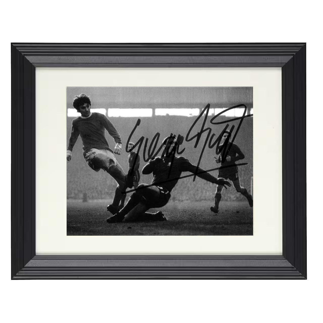 George Best – Man United Vintage Sliding Finish 8x10 matted black framed soccer wall art