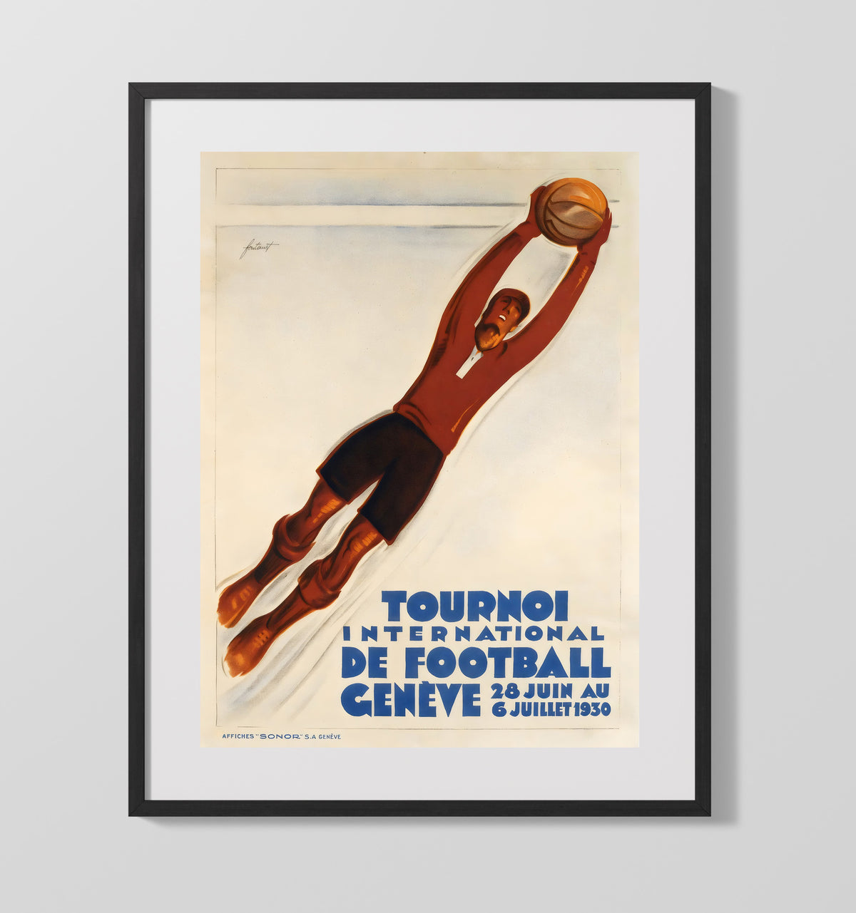 International Football Poster Geneva 1930 Goalkeeper Flying Save Artwork - Gallery Frame soccer wall art