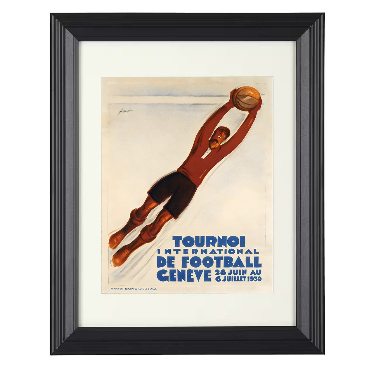 International Football Artwork – Geneva 1930 Goalkeeper 8x10 matted black framed soccer wall art