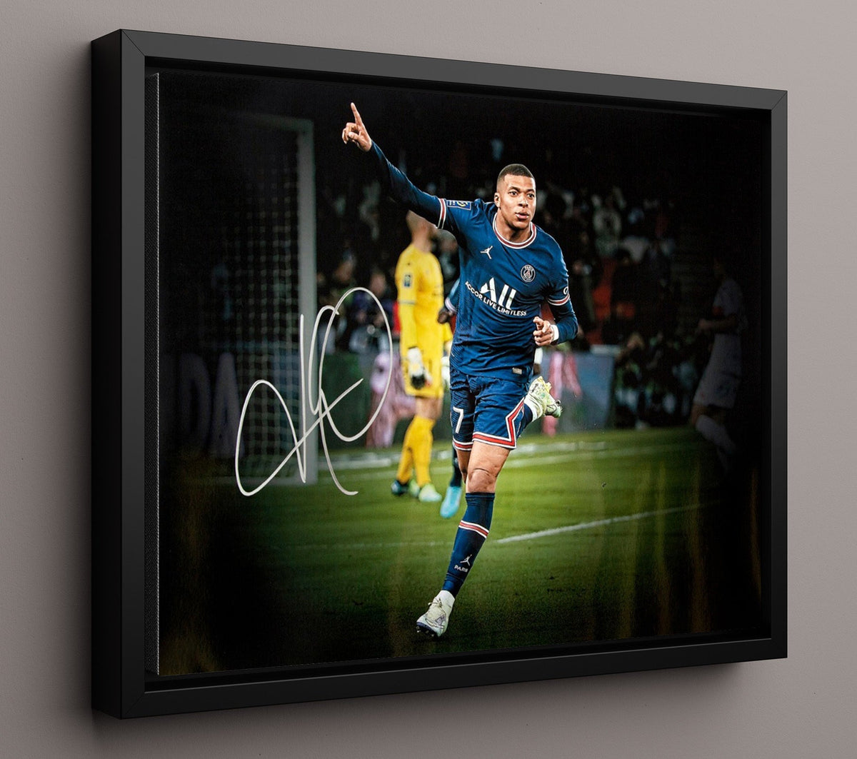 Kylian Mbappe Real Madrid Jet Speed Goal Celebration - Framed Canvas soccer wall art