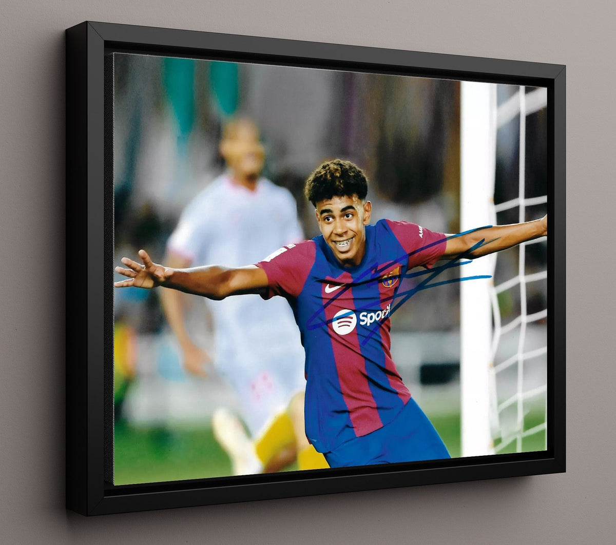 Lamine Yamal FC Barcelona Goal Celebration Arms Wide - Framed Canvas soccer wall art