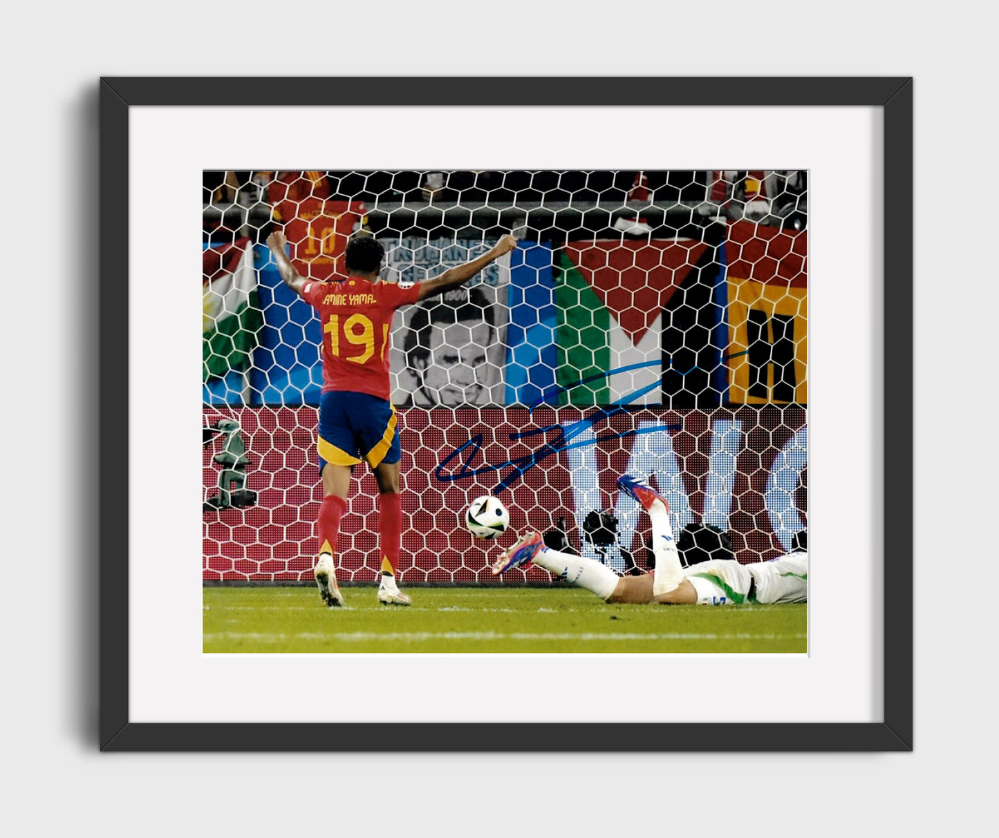Lamine Yamal Spain Goal Celebration at Net - Gallery Frame soccer wall art