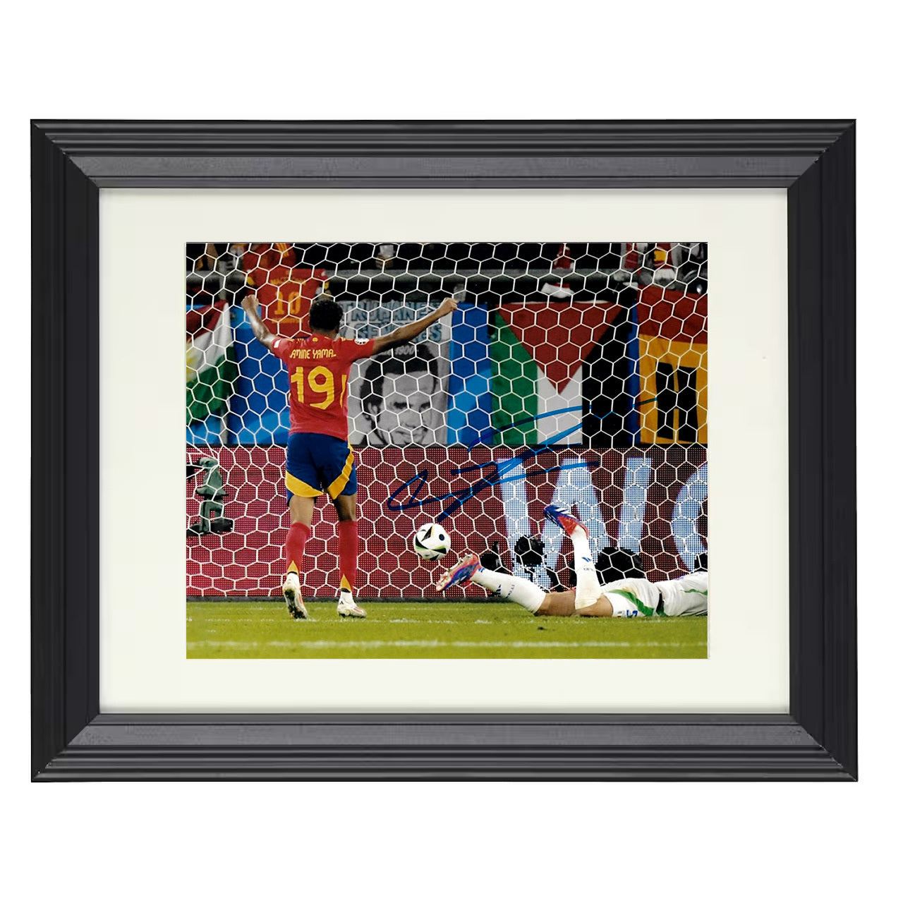 Lamine Yamal – Spain Goal Celebration at Net 8x10 matted black framed soccer wall art