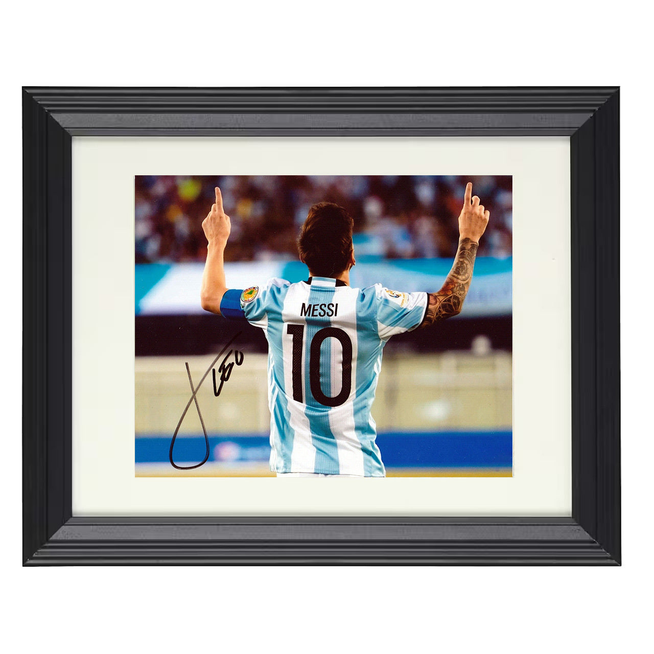 Lionel Messi – Argentina GOAT Hands Up Celebration 8x10 matted black framed soccer wall art
