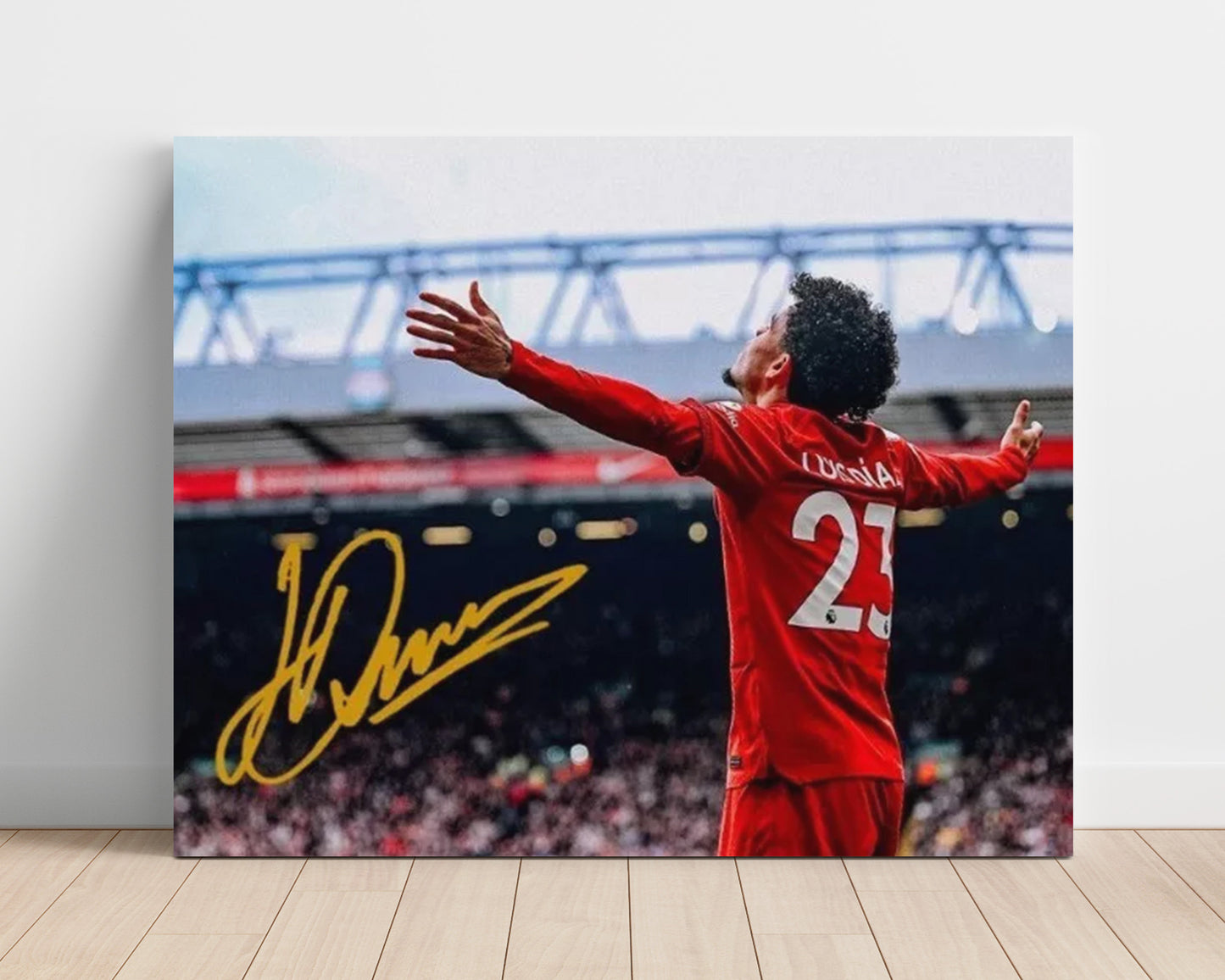 Luis Diaz Liverpool Goal Celebration Print at Anfield Soccer Print 16x20 Unframed Print soccer wall art print – Soccer Prints decor