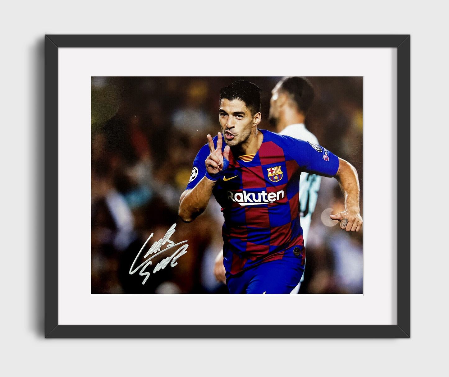 Luis Suarez Barcelona Two Finger Goal Celebration - Gallery Frame soccer wall art