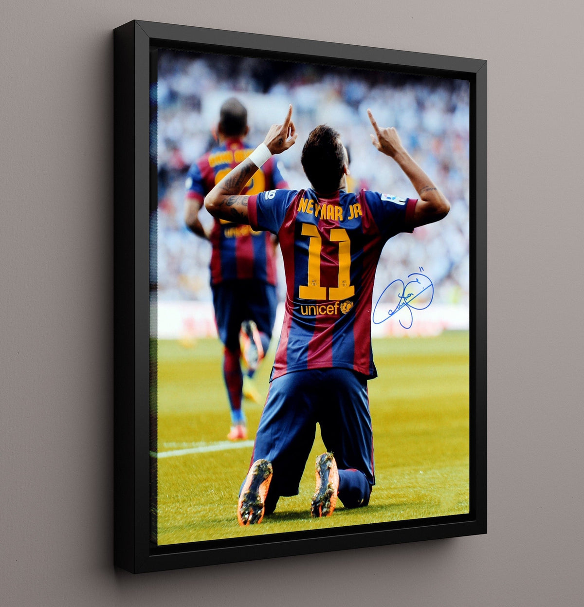 Neymar Jr Barcelona Knee Slide Goal Celebration Camp Nou - Framed Canvas soccer wall art