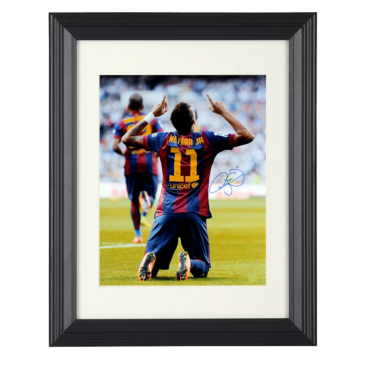Neymar Jr. – Barcelona Knee Slide Goal Celebration Camp Nou 8x10 matted black framed soccer wall art