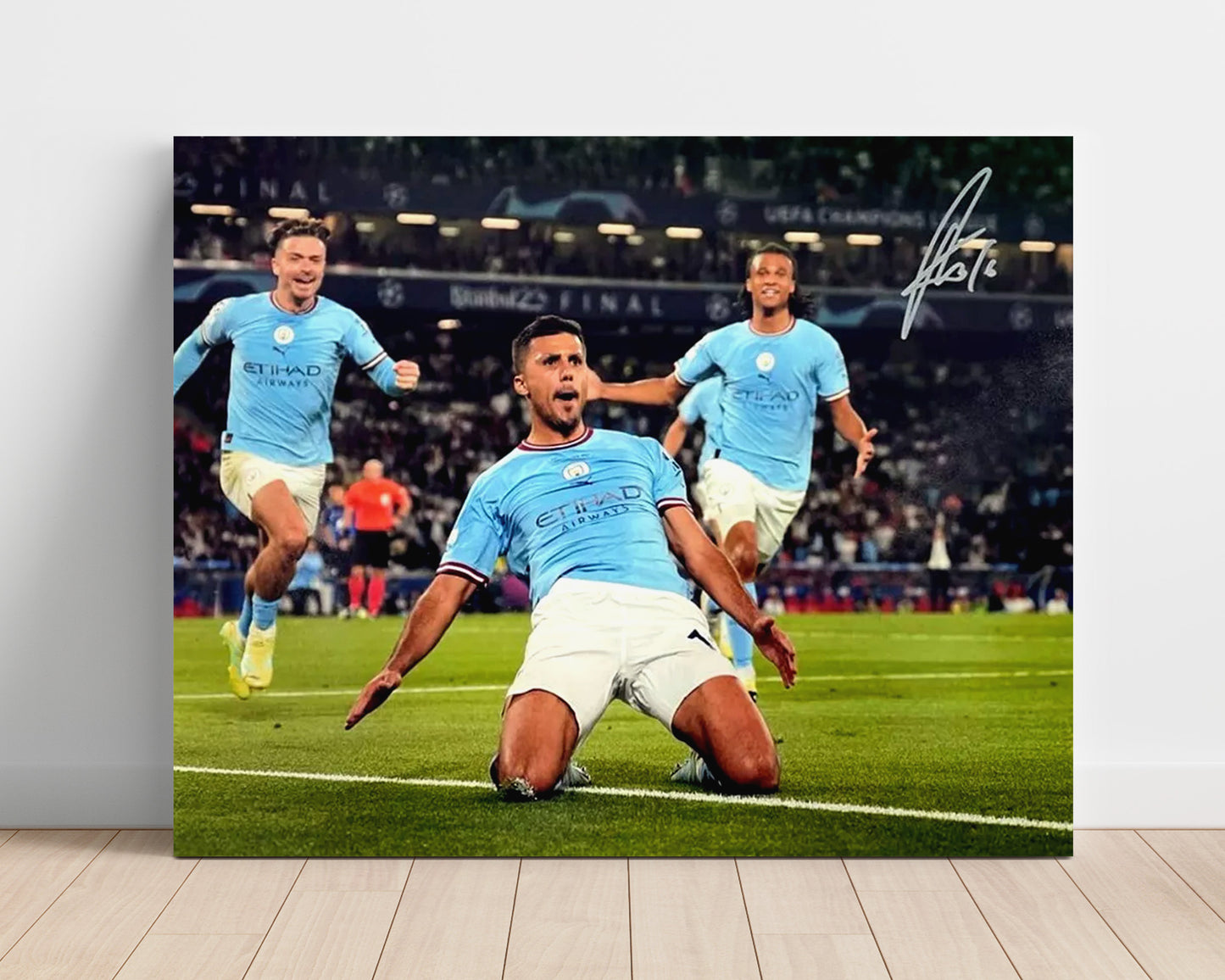Rodri Manchester City Champions League Knee Slide Celebration Soccer Print 16x20 Unframed Print soccer wall art print – Soccer Prints decor