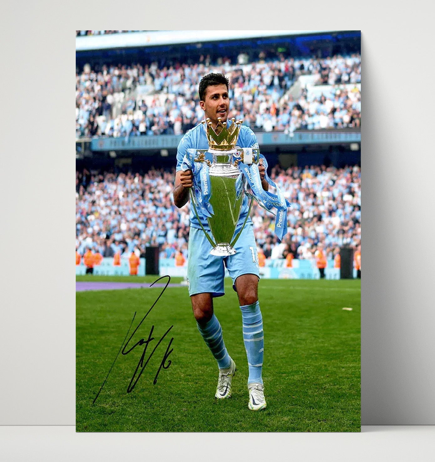 Rodri Manchester City Premier League Trophy Presentation Champion Moment Soccer 16x20 Unframed Print soccer wall art print – Soccer Prints decor