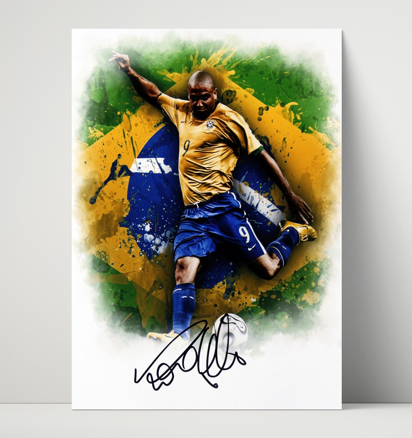 Ronaldo Nazario Brazil Power Strike World Cup Legend Soccer Print 16x20 Unframed Print soccer wall art print – Soccer Prints decor