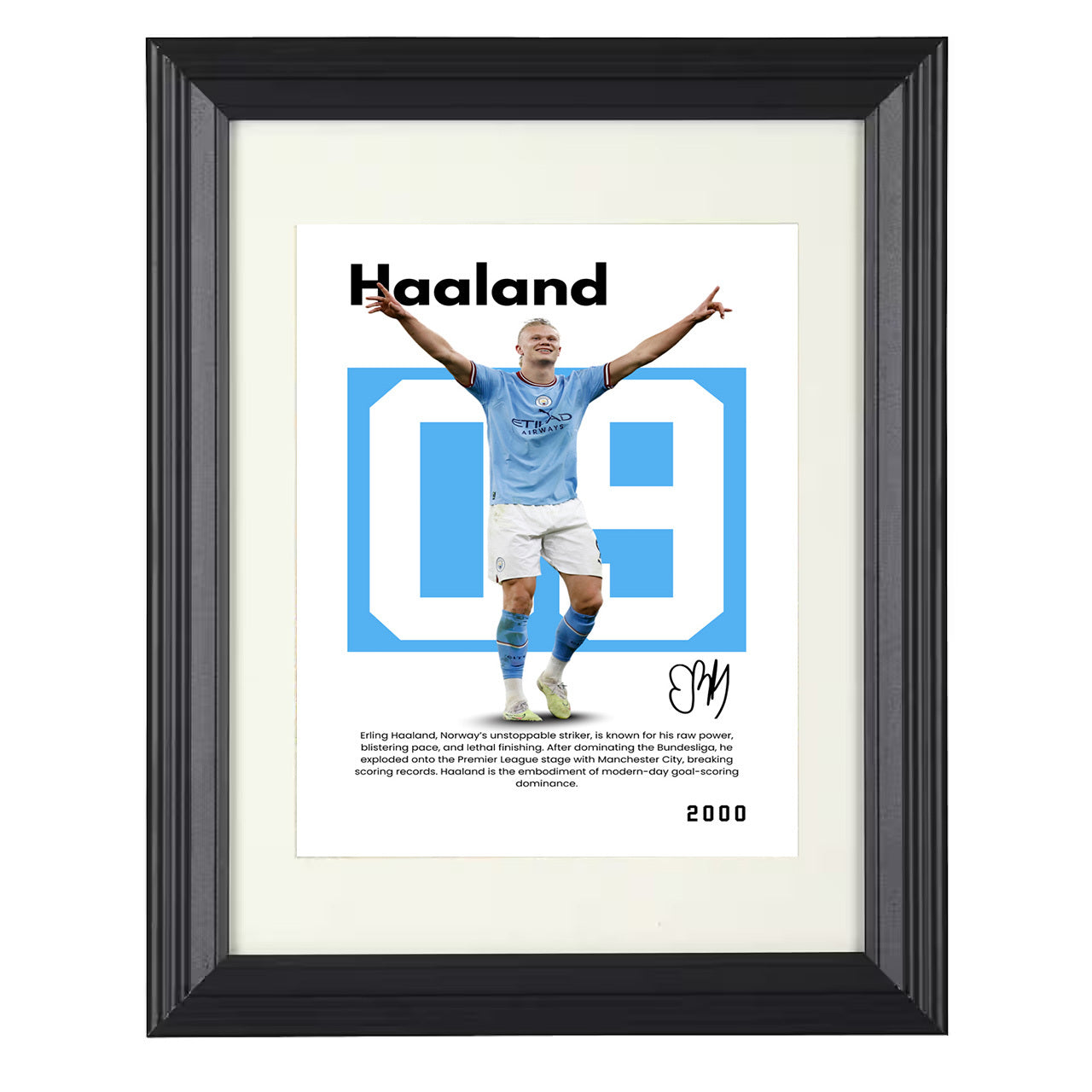 Erling Haaland – No. 05 Player Bio Artwork 8x10 matted black framed soccer wall art