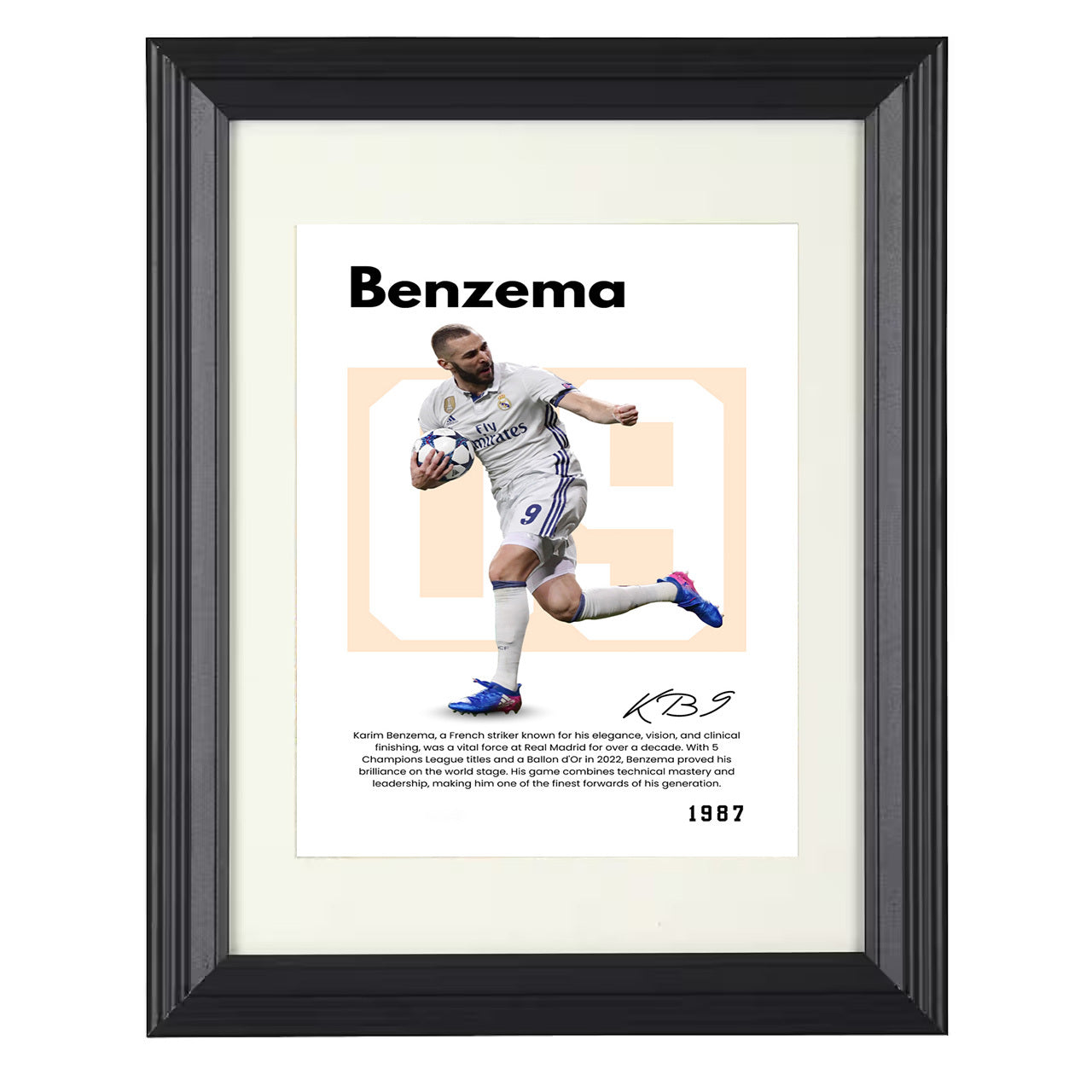Karim Benzema – No. 09 Player Bio Artwork 8x10 matted black framed soccer wall art