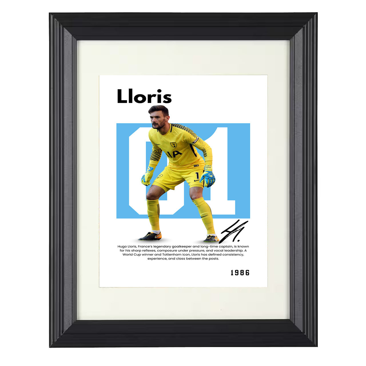 Hugo Lloris – No. 01 Player Bio Artwork 8x10 matted black framed soccer wall art