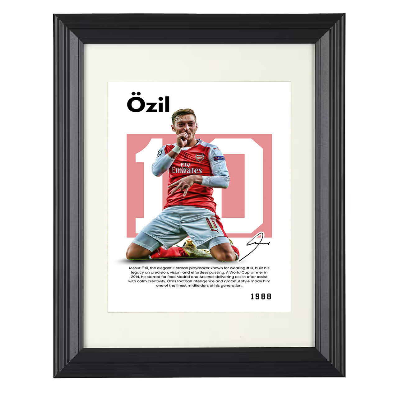 Mesut Özil – No. 10 Player Bio Artwork 8x10 matted black framed soccer wall art