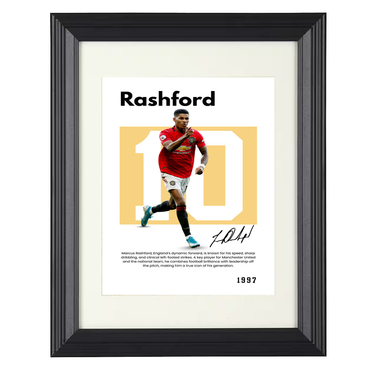 Marcus Rashford – No. 09 Player Bio Artwork 8x10 matted black framed soccer wall art