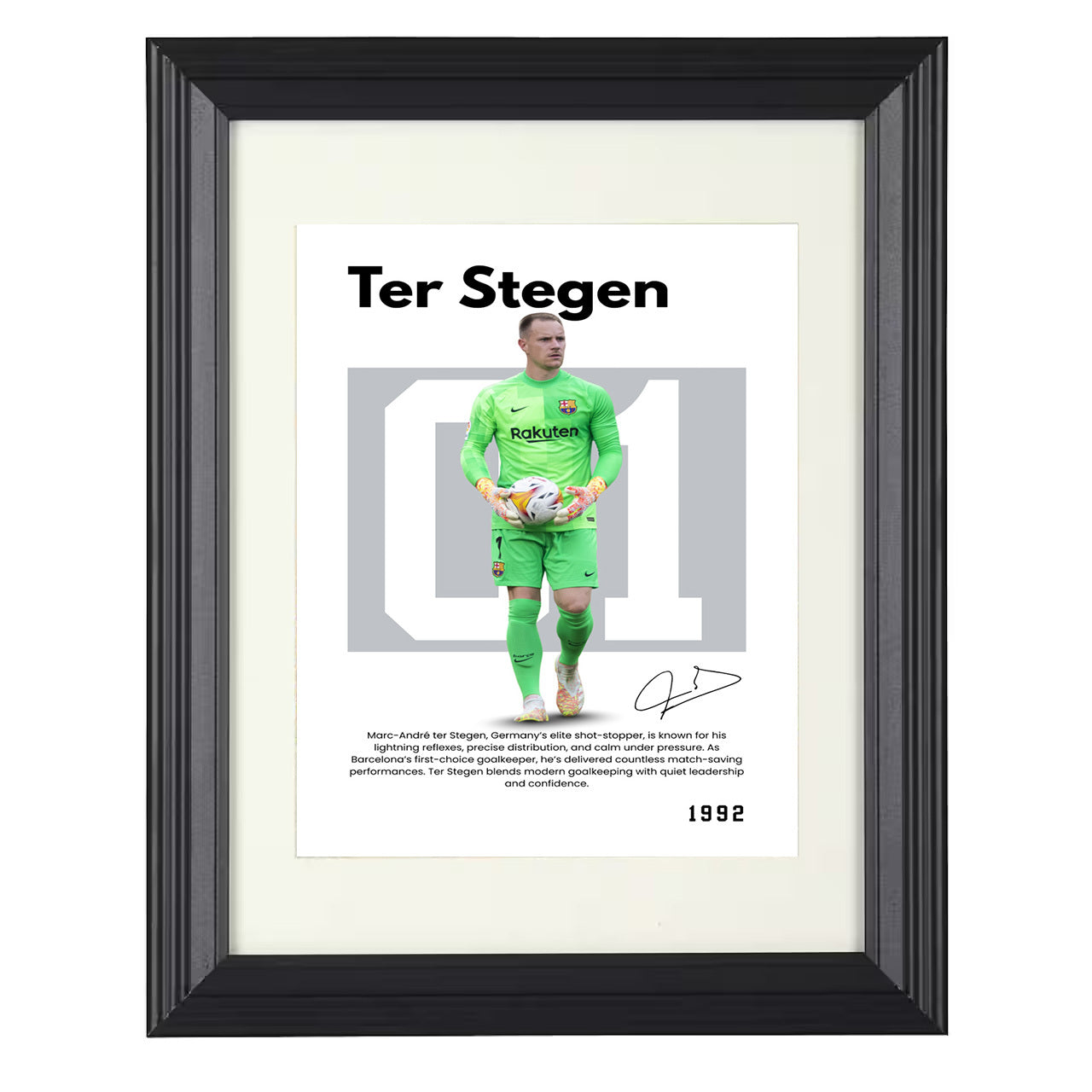Marc-André ter Stegen – No. 07 Player Bio Artwork 8x10 matted black framed soccer wall art